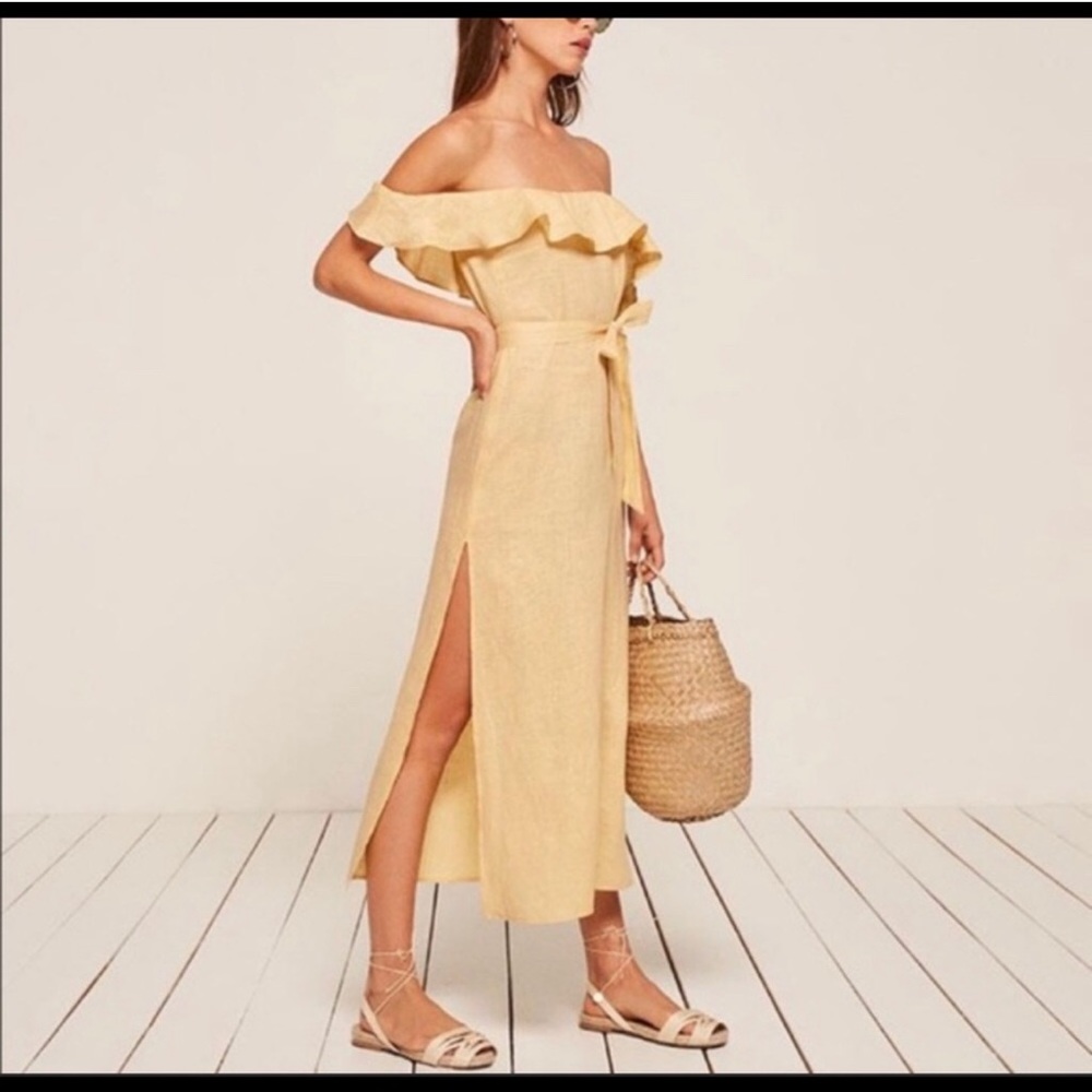 Reformation off the shoulder linin dress
